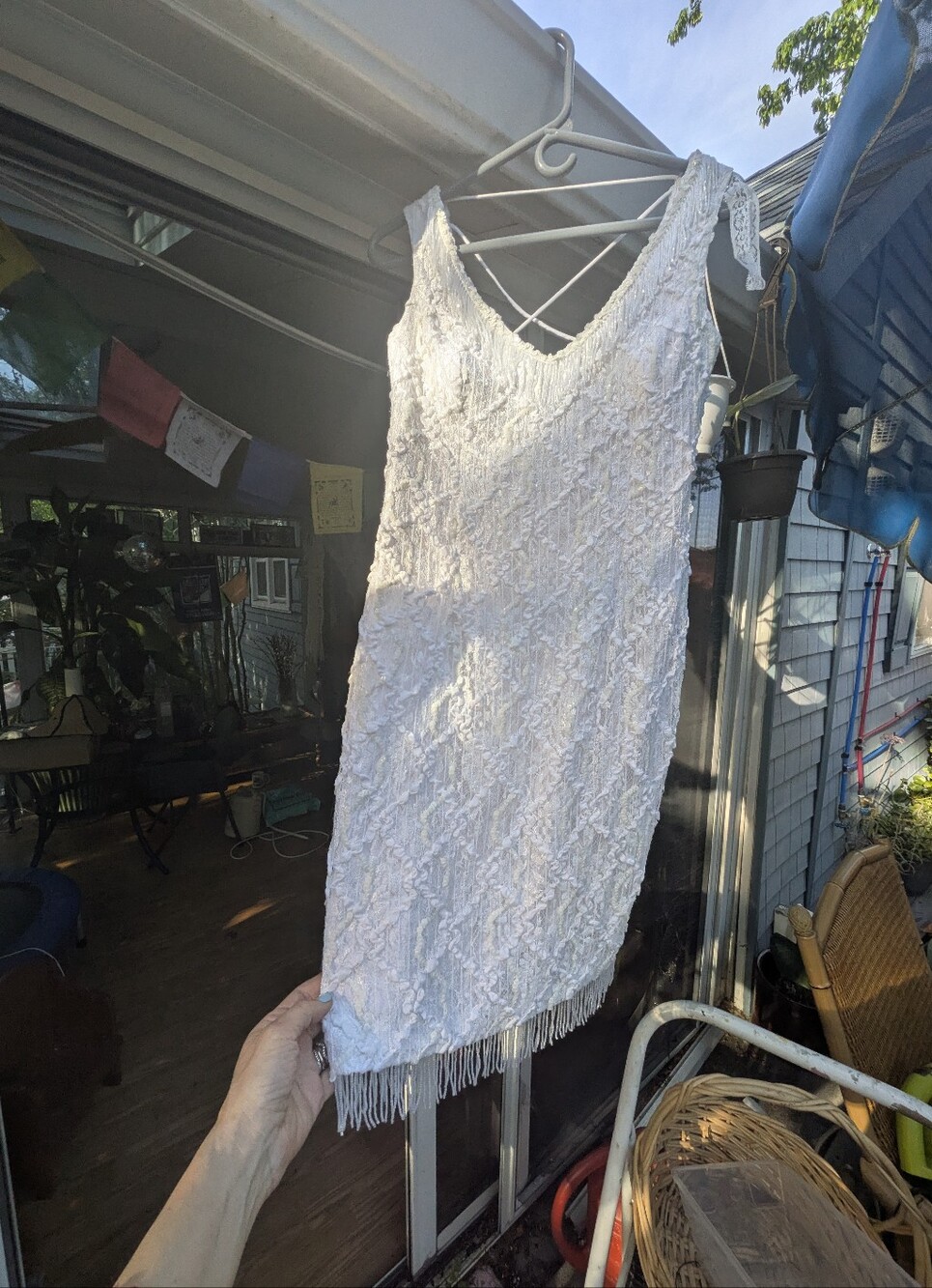 White Lace Fringe Mini Dress with V-Neck
